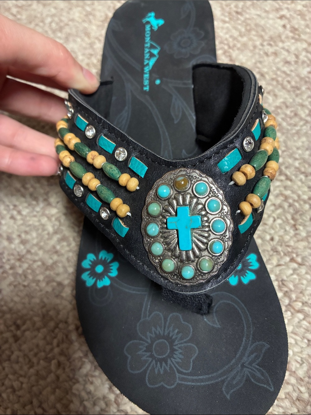 Montana West Black Flip Flops with Turquoise and Tan Beads - Picture 6 of 6